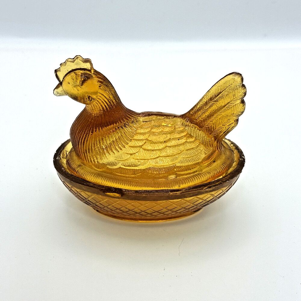 Vintage Amber Hen On Nest 3.5" Covered Glass Dish Mini Chicken Trinket DAMAGED